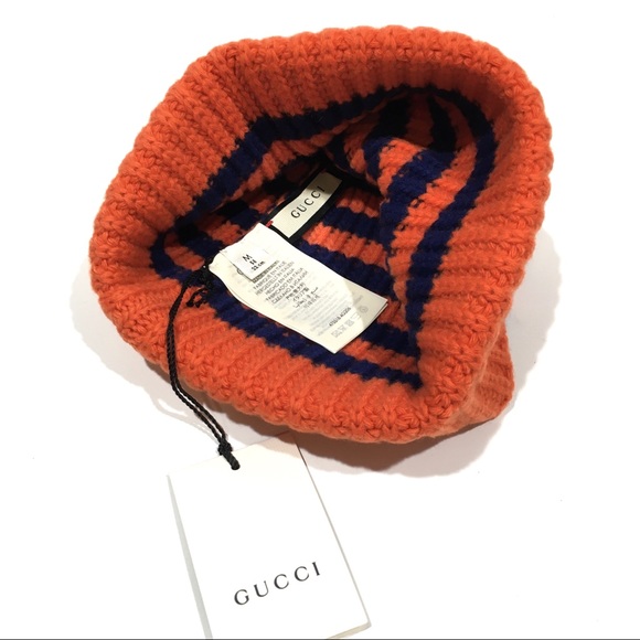 Gucci Bee Beanie -100% Wool -Orange / Blue Striped -NWT - Picture 6 of 7